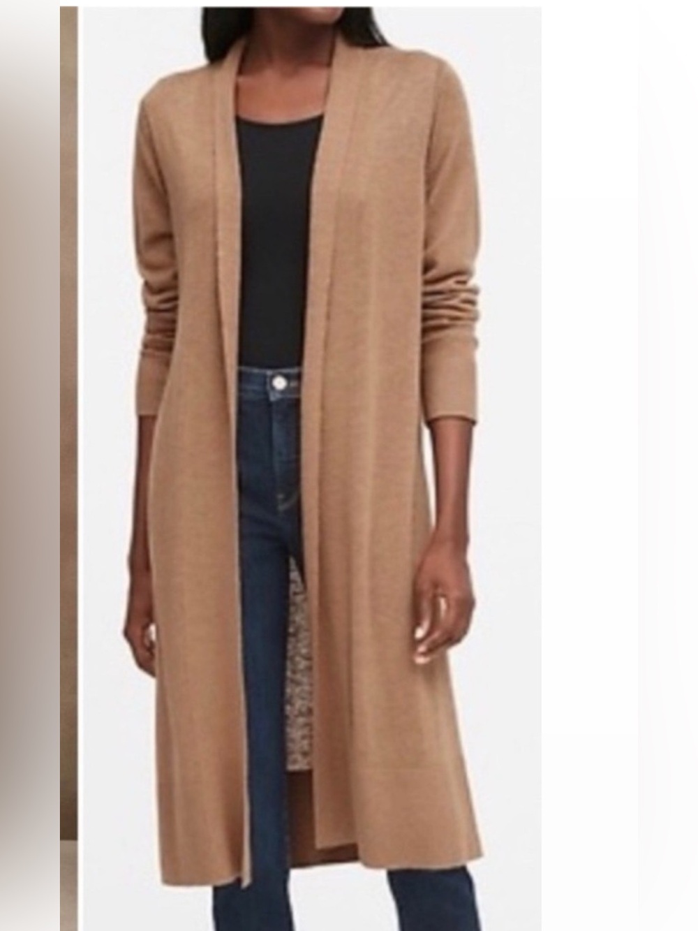 Long Open-Front Camel Cardigan Sweater